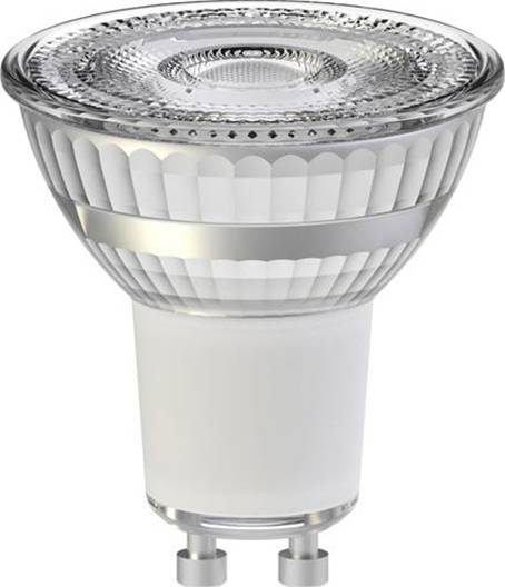 LED-Glühbirne mit GU10-Sockel und klarem Glasdesign. Ideal für energieeffiziente Beleuchtung in Wohnräumen.