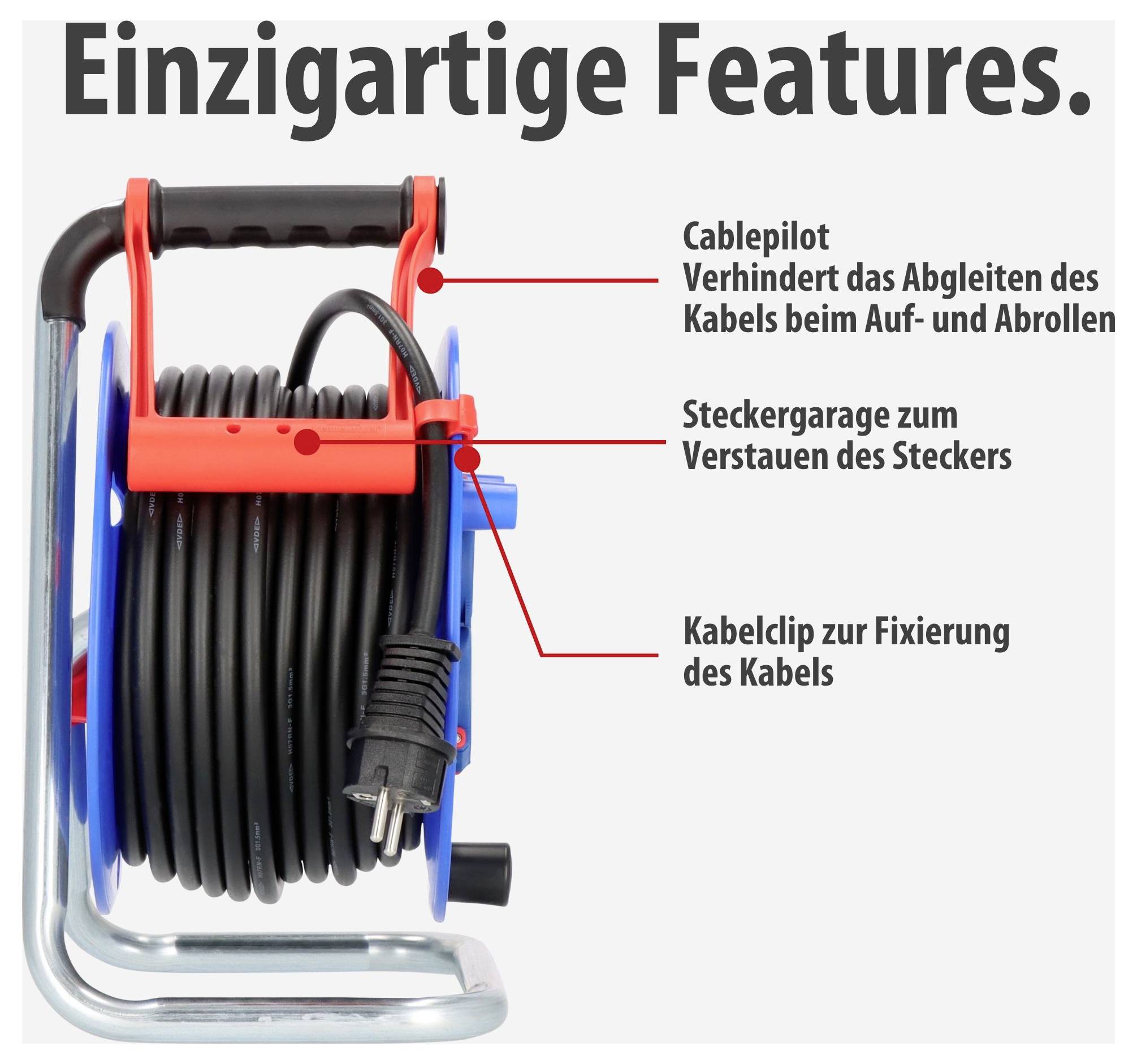 Kabeltrommel mit hervorgehobenen Funktionen: Cablepilot gegen Ableiten des Kabels, Steckergarage und Kabelclip; Überschrift 'Einzigartige Features.'