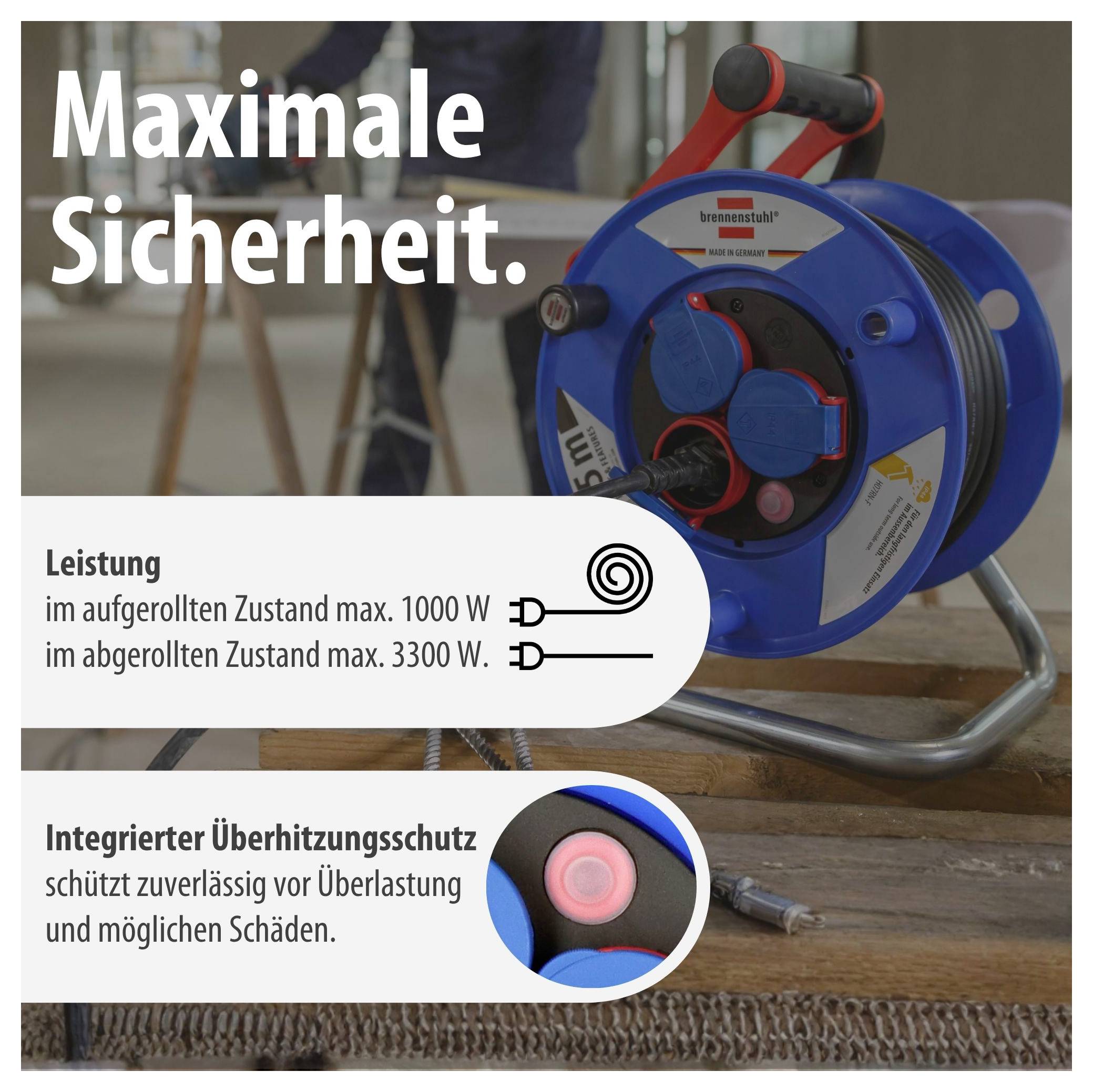 Werbeplakat für eine Kabeltrommel mit Text 'Maximale Sicherheit'; nennt Leistung 1000 W aufgerollt und 3300 W abgerollt sowie integrierten Überhitzungsschutz.