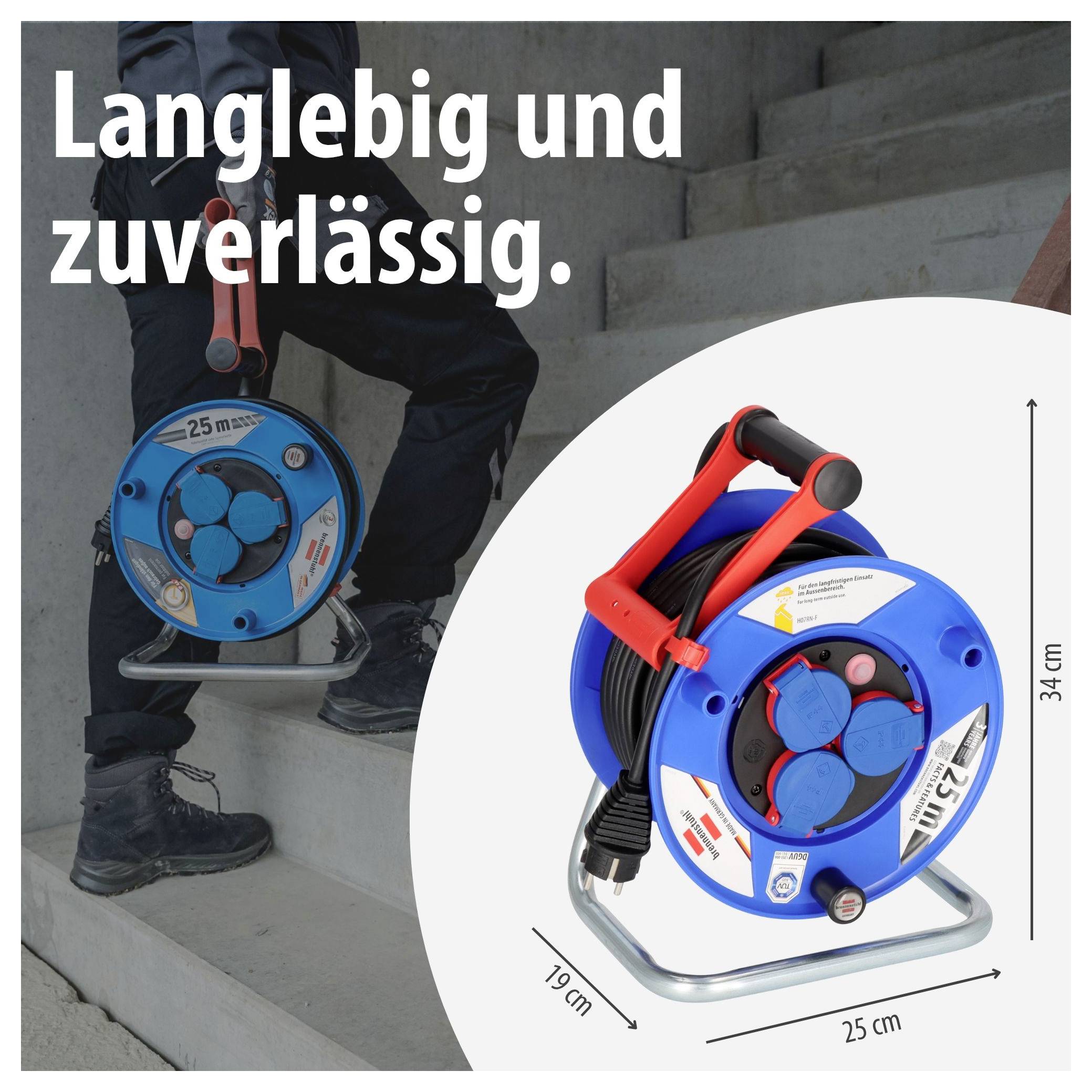 Werbebild eines blauen Kabelaufrollers in Gebrauch und als Produktfoto; Text: 'Langlebig und zuverlässig.'