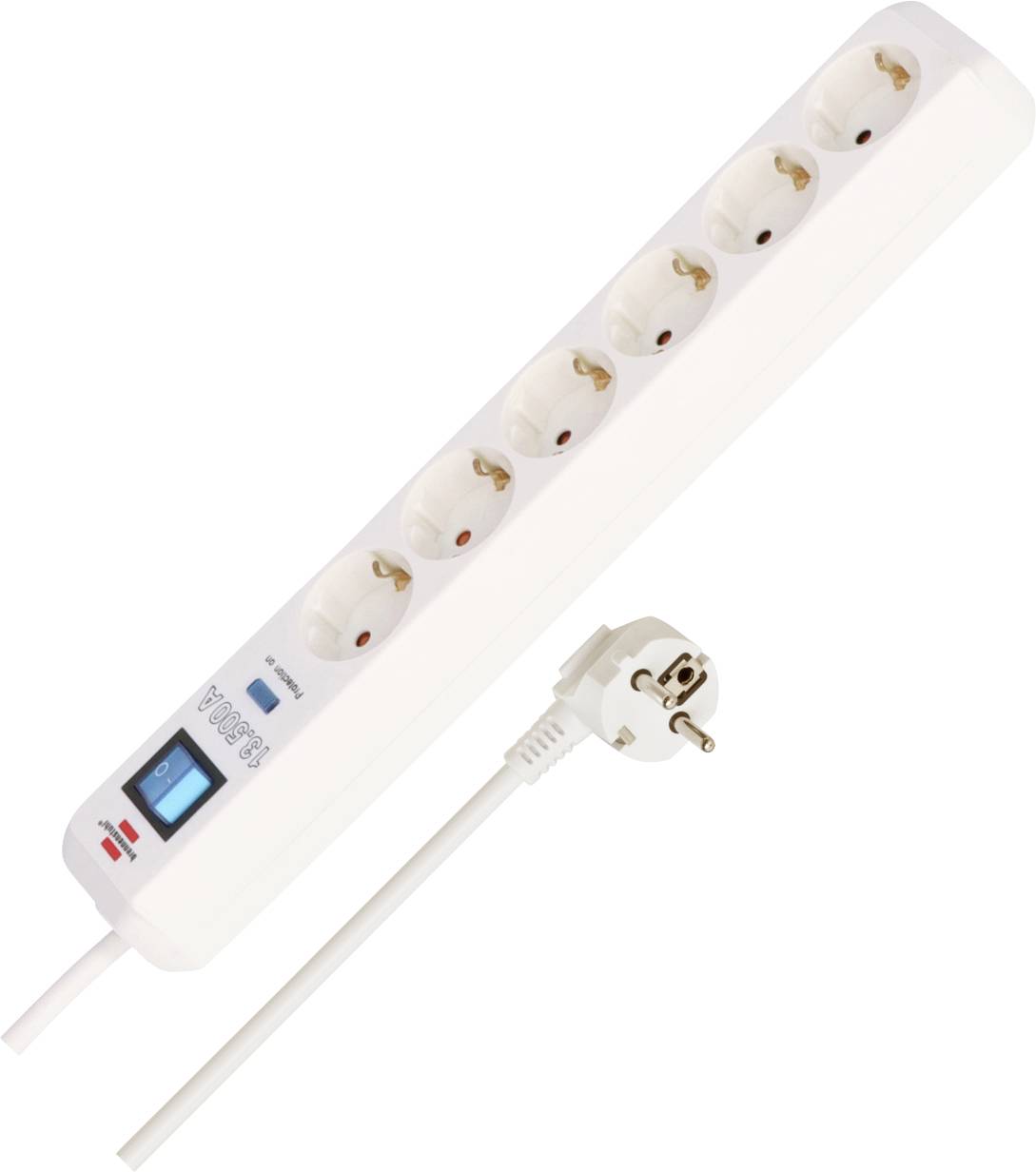 Weiße Mehrfachsteckdosenleiste mit sechs Steckdosen, einem blauen Ein-/Ausschalter, Kontrollleuchten und angebrachtem europäischem Stecker sowie Kabel.