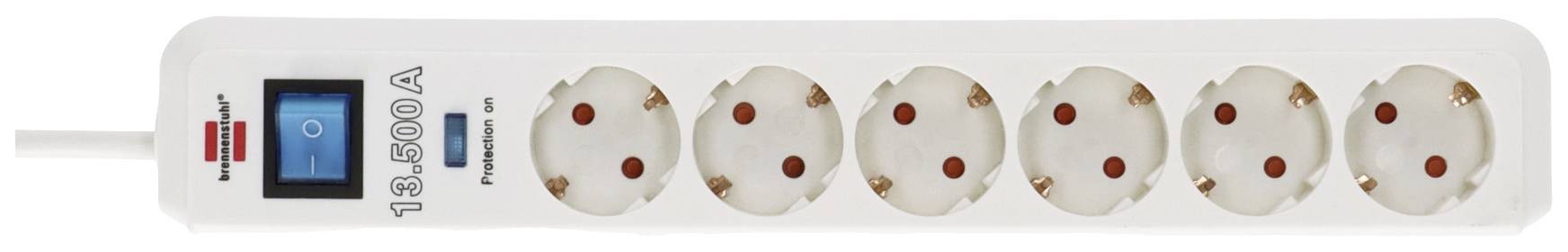 Sechser-Steckdosenleiste mit Überspannungsschutz, einem roten Schalter und LED-Anzeige, geeignet für den Haushalt.