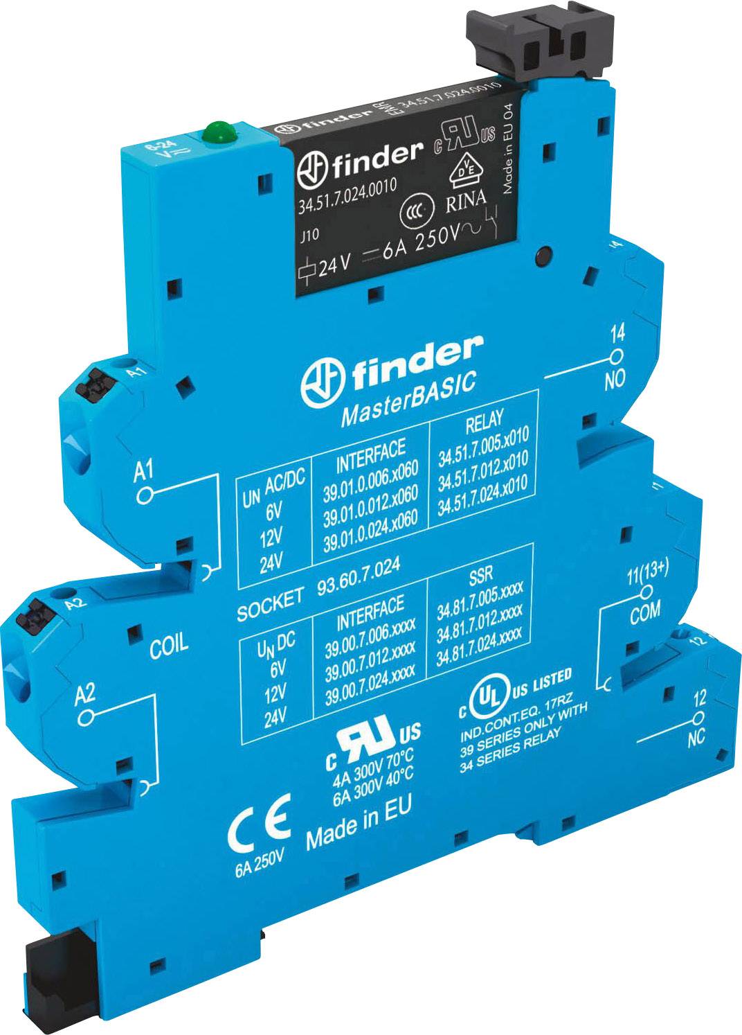 Blaues Relais-Hutschienenmodul von Finder, Modell 'MasterBASIC', 24V, 6A, für industrielle Elektroinstallationen geeignet.