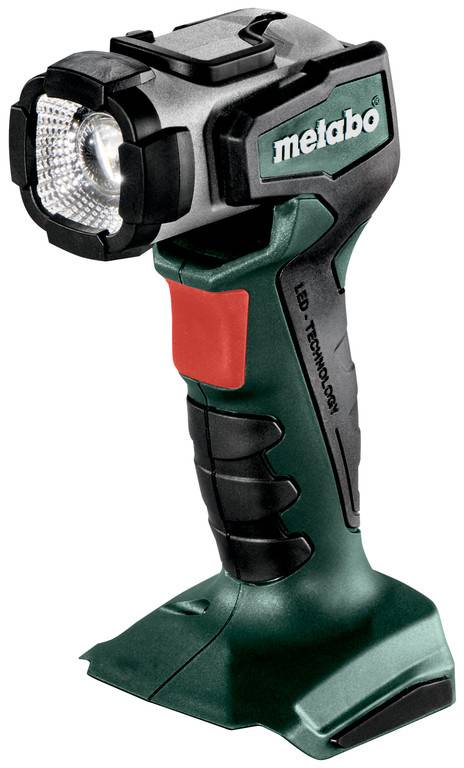 Metabo tragbare kabellose Arbeitsleuchte mit LED-Kopf und Batteriestation auf weißem Hintergrund.
