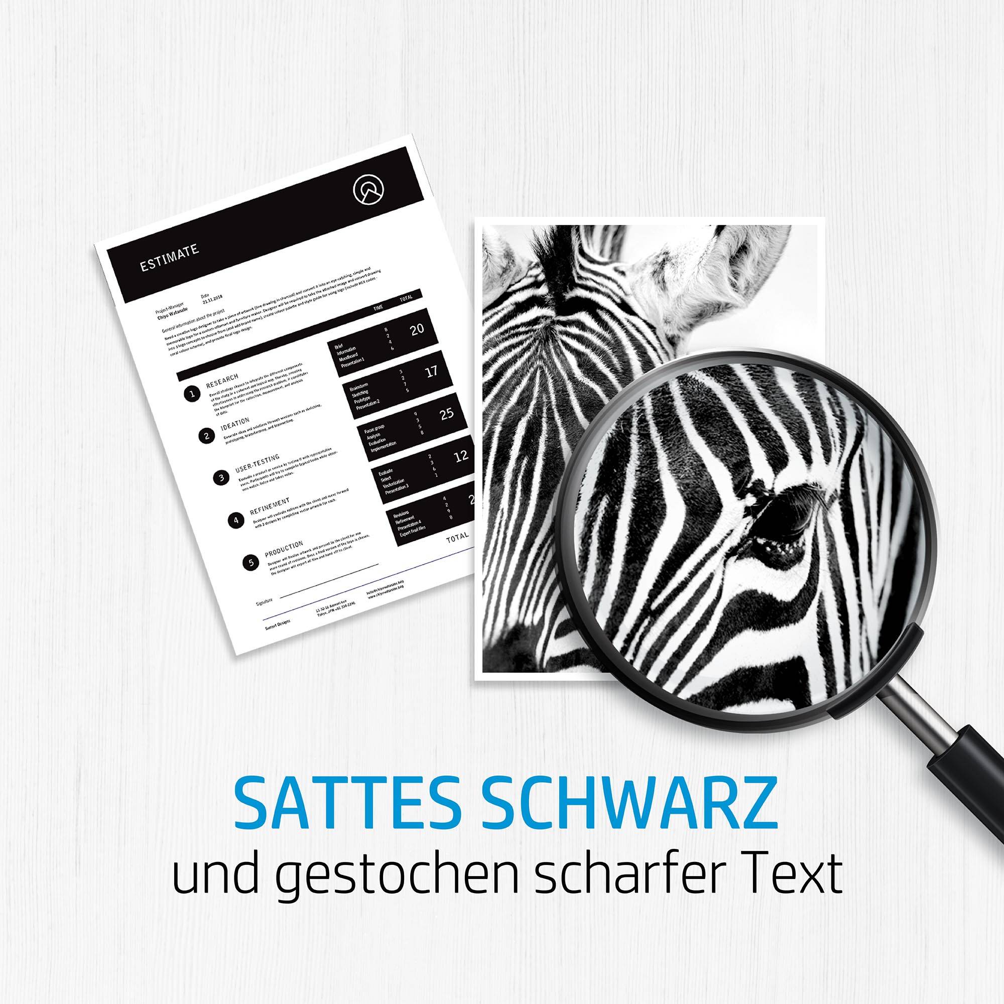 'ESTIMATE' Dokument mit schwarzem Text und ein Zebra-Bild mit Lupe. Text darunter: 'SATTES SCHWARZ und gestochen scharfer Text'.