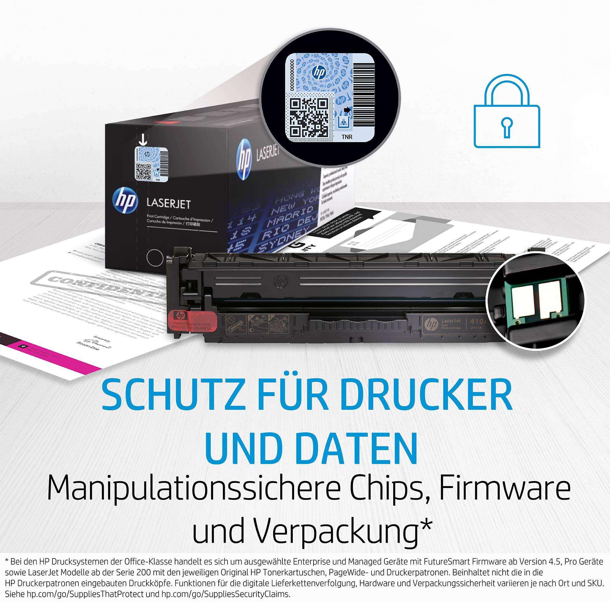 'Schutz für Drucker und Daten: Manipulationssichere Chips, Firmware und Verpackung' mit Bild von Druckerzubehör und Sicherheits-Symbol.