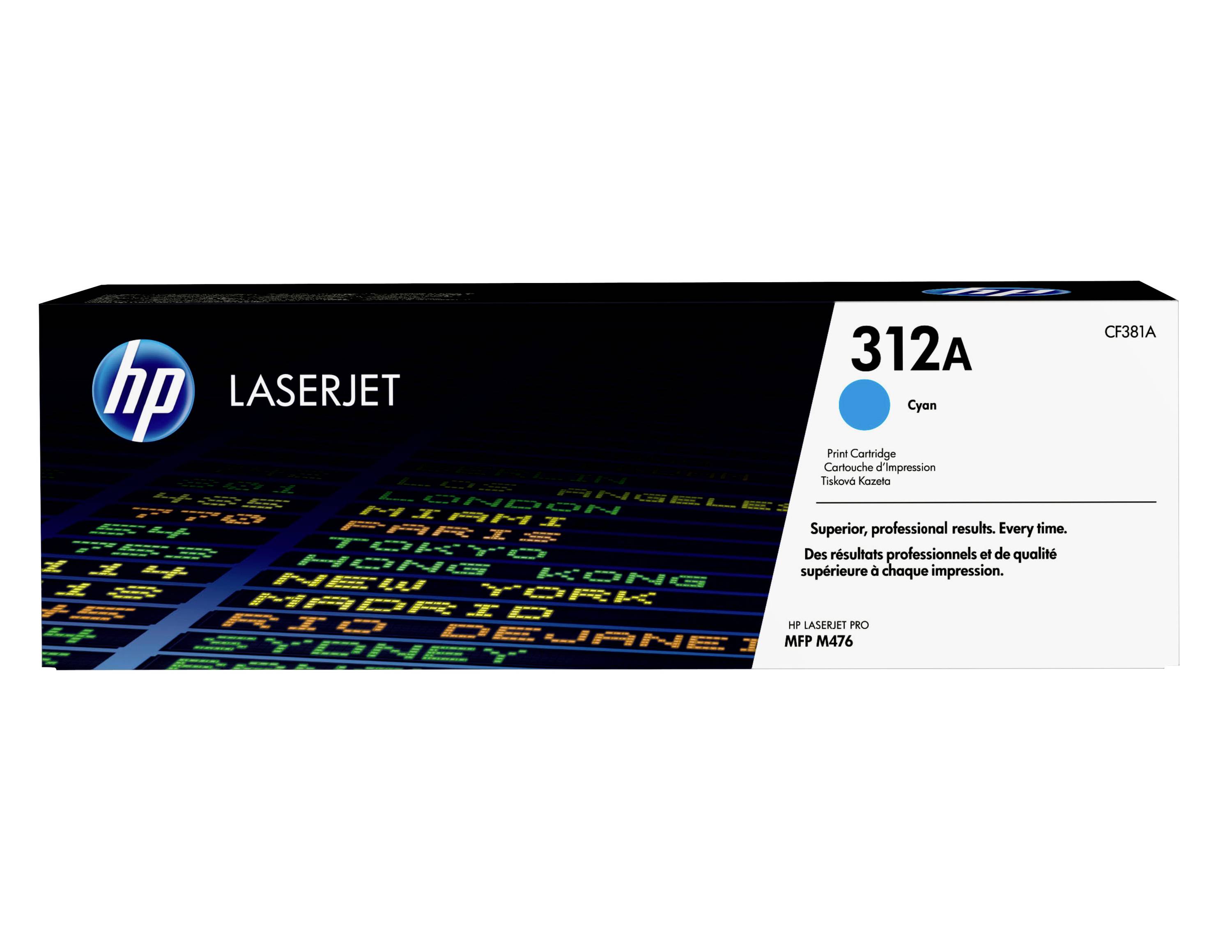 HP LaserJet 312A Cyan-Tonerpatrone für M476-Drucker, zeigt Produktverpackung und Modellnummer CF381A.