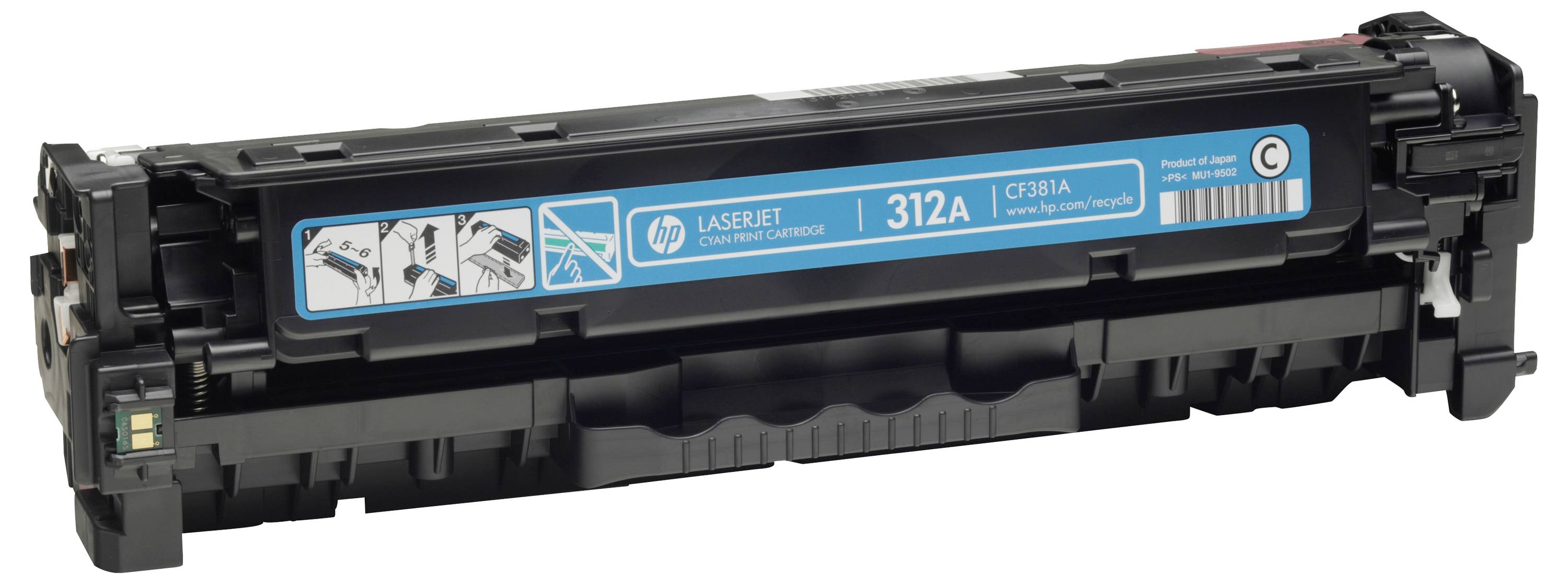 Schwarze HP LaserJet 312A Tonerpatrone mit cyan-farbigem Etikett, dargestellt in einer produktstilisierten Seitenansicht auf weißem Hintergrund.