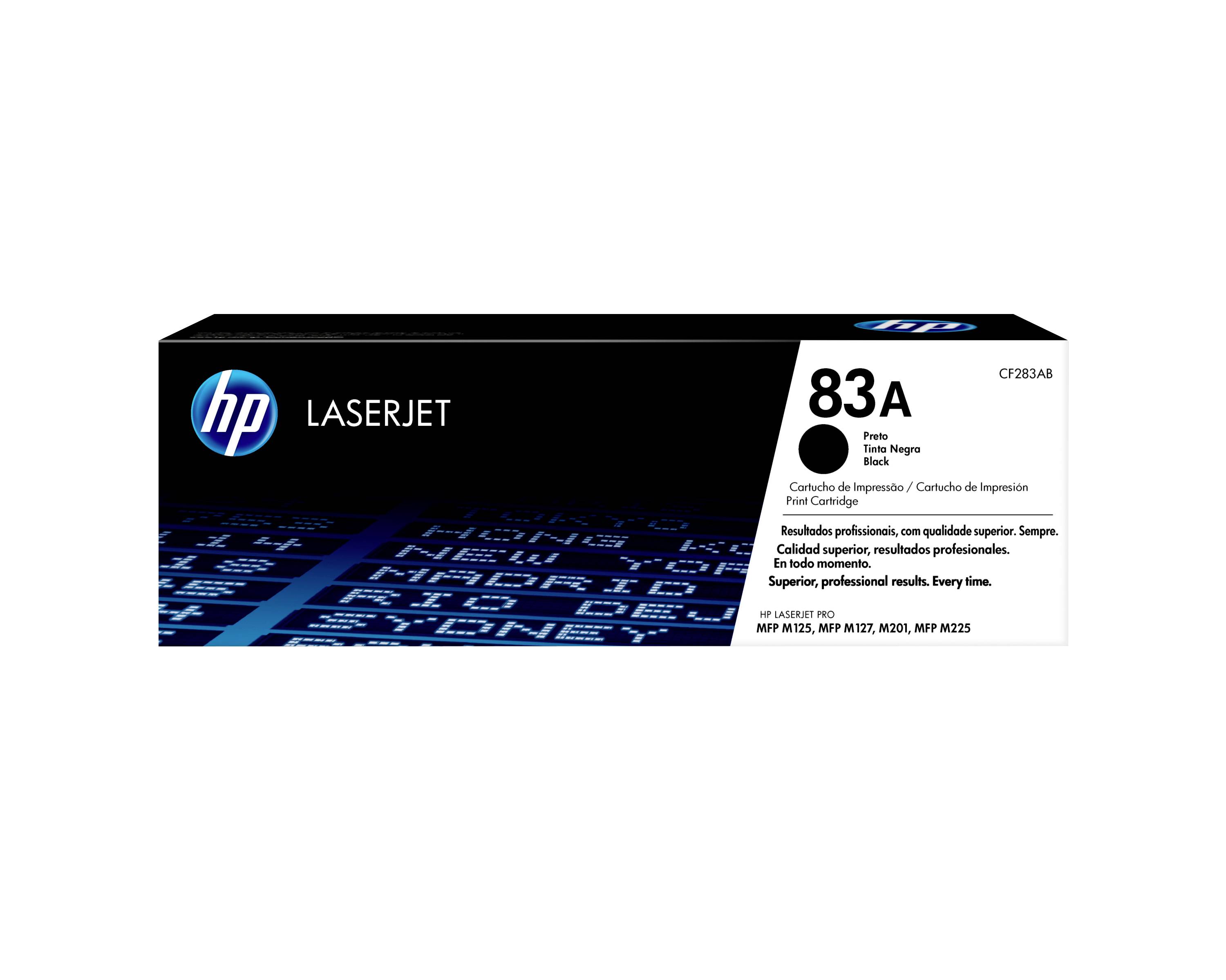HP LaserJet 83A schwarze Tonerpatrone Karton, Produktverpackung für Druckertonerwechsel.