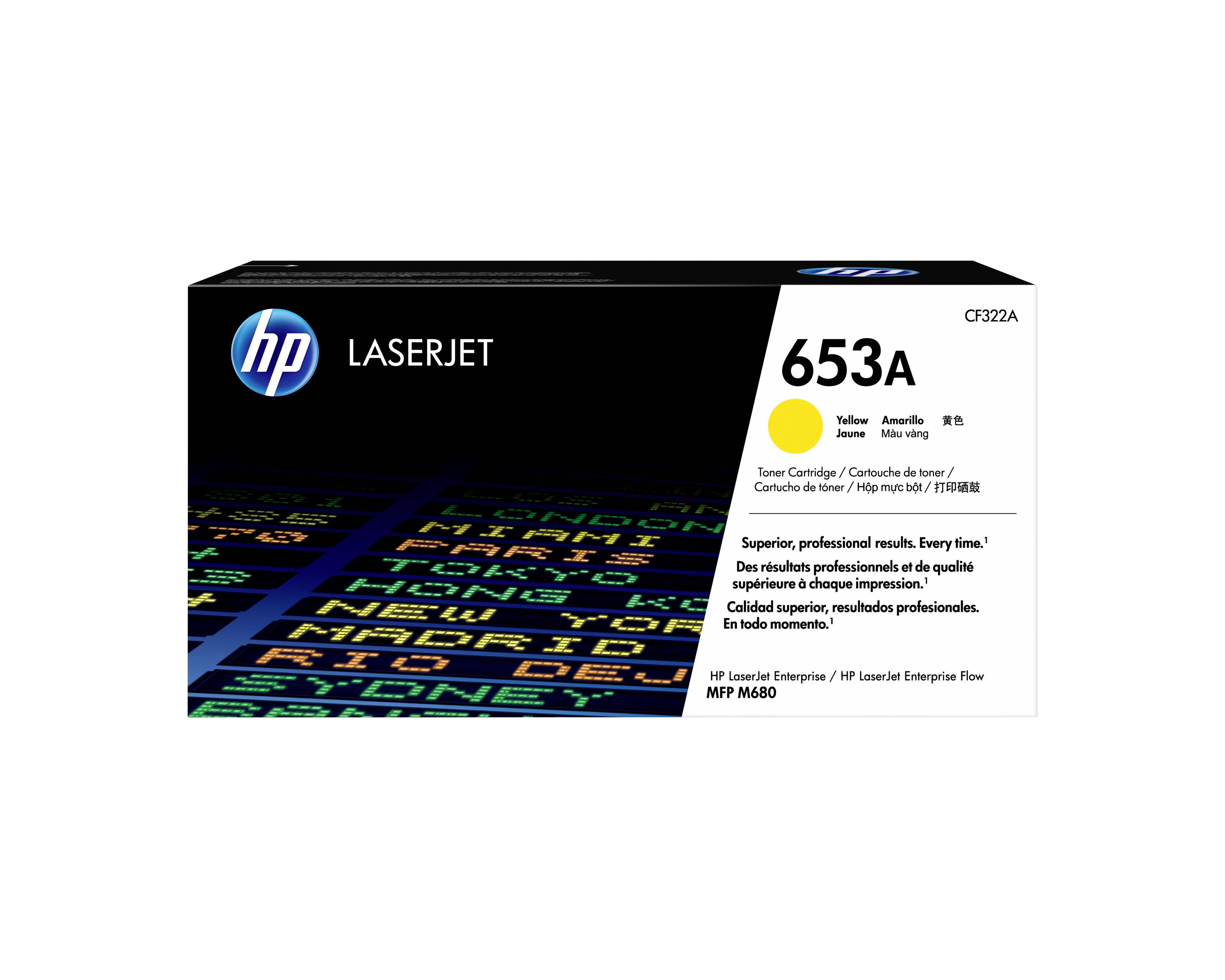 HP LaserJet 653A Gelber Tonerkassette für Enterprise/Enterprise Flow Drucker, Modell CF322A.
