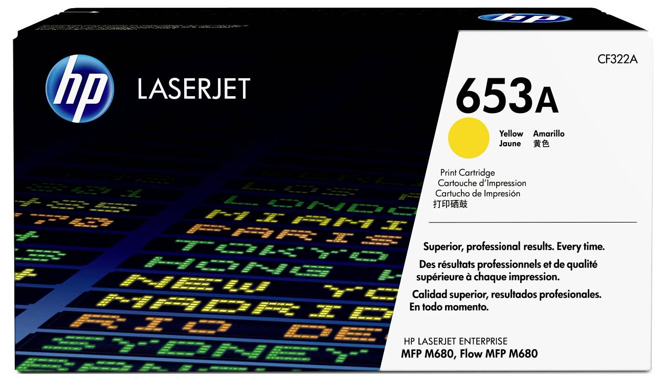 HP LaserJet 653A Gelbe Tonerpatrone Verpackung für LaserJet Enterprise Drucker, Modell CF322A, mit HP Logo und aufgelisteter Produktkompatibilität.