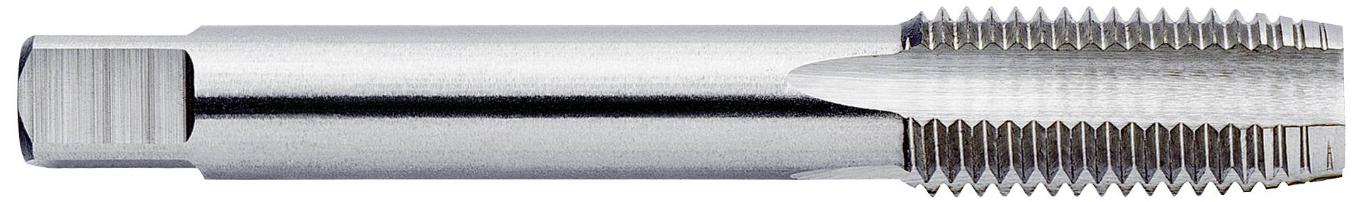 Ein Gewindebohrer aus Metall, seitlich fotografiert, mit scharfen Gewindeschneiden auf einer Seite, verwendet zum Schneiden von Gewinden.
