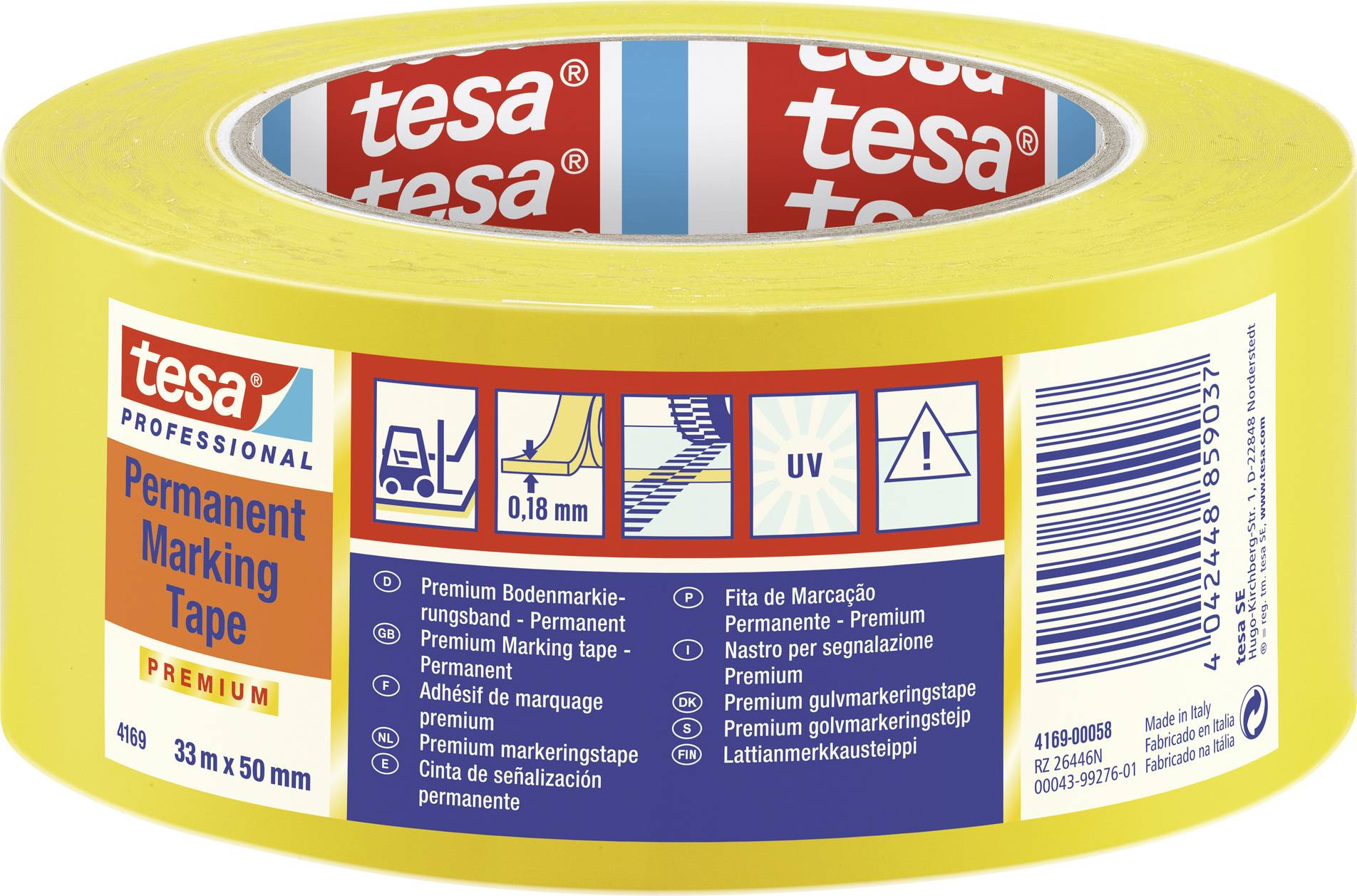 Gelbes Klebeband 'tesa Professional Permanent Marking Tape', 33 m x 50 mm, für dauerhafte Bodenmarkierungen. UV-beständig.