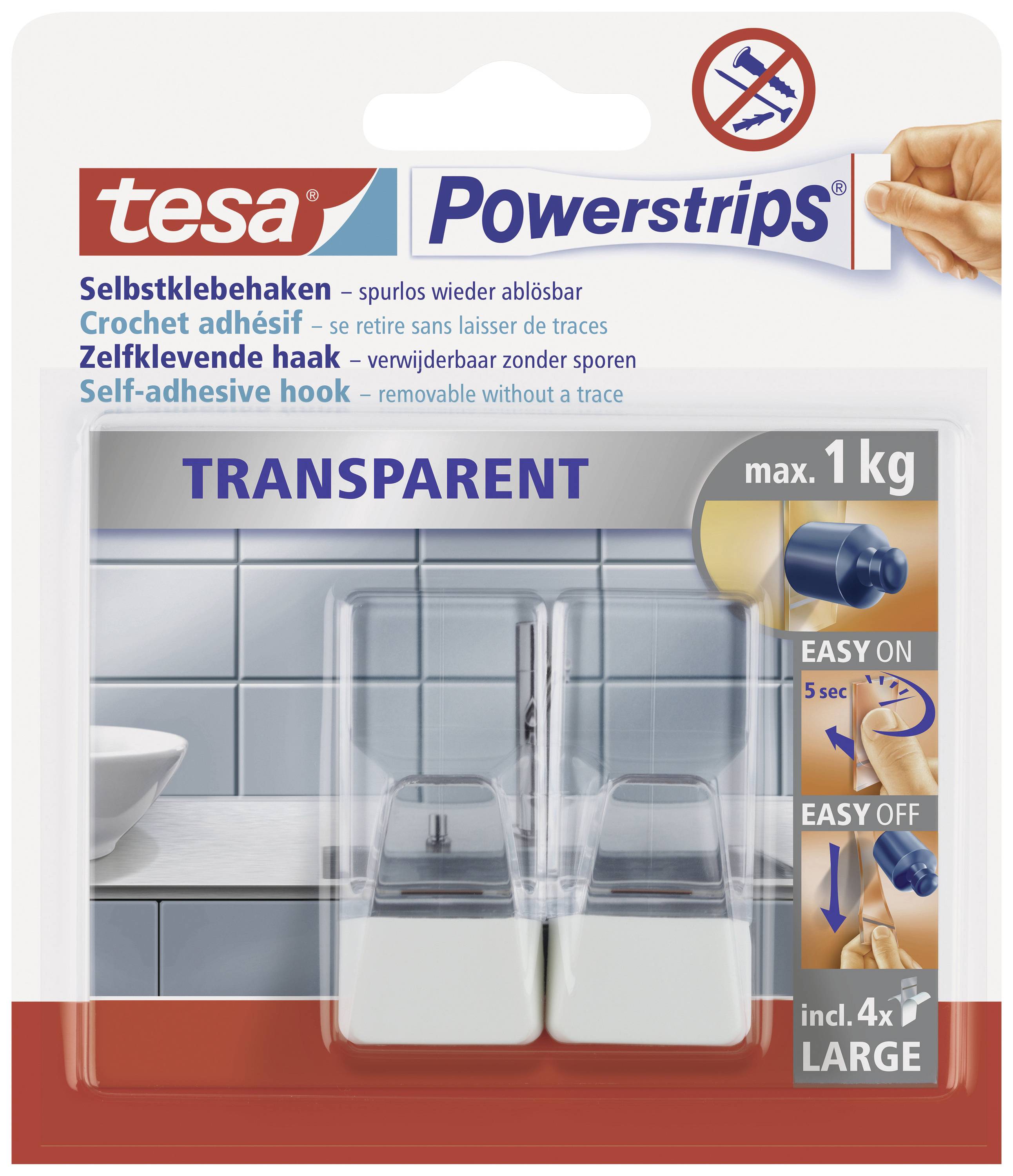 Eine Verpackung von 'tesa Powerstrips', die selbstklebende, transparente Haken für eine maximale Belastung von 1 kg zeigt, inklusive vier großer Haken.