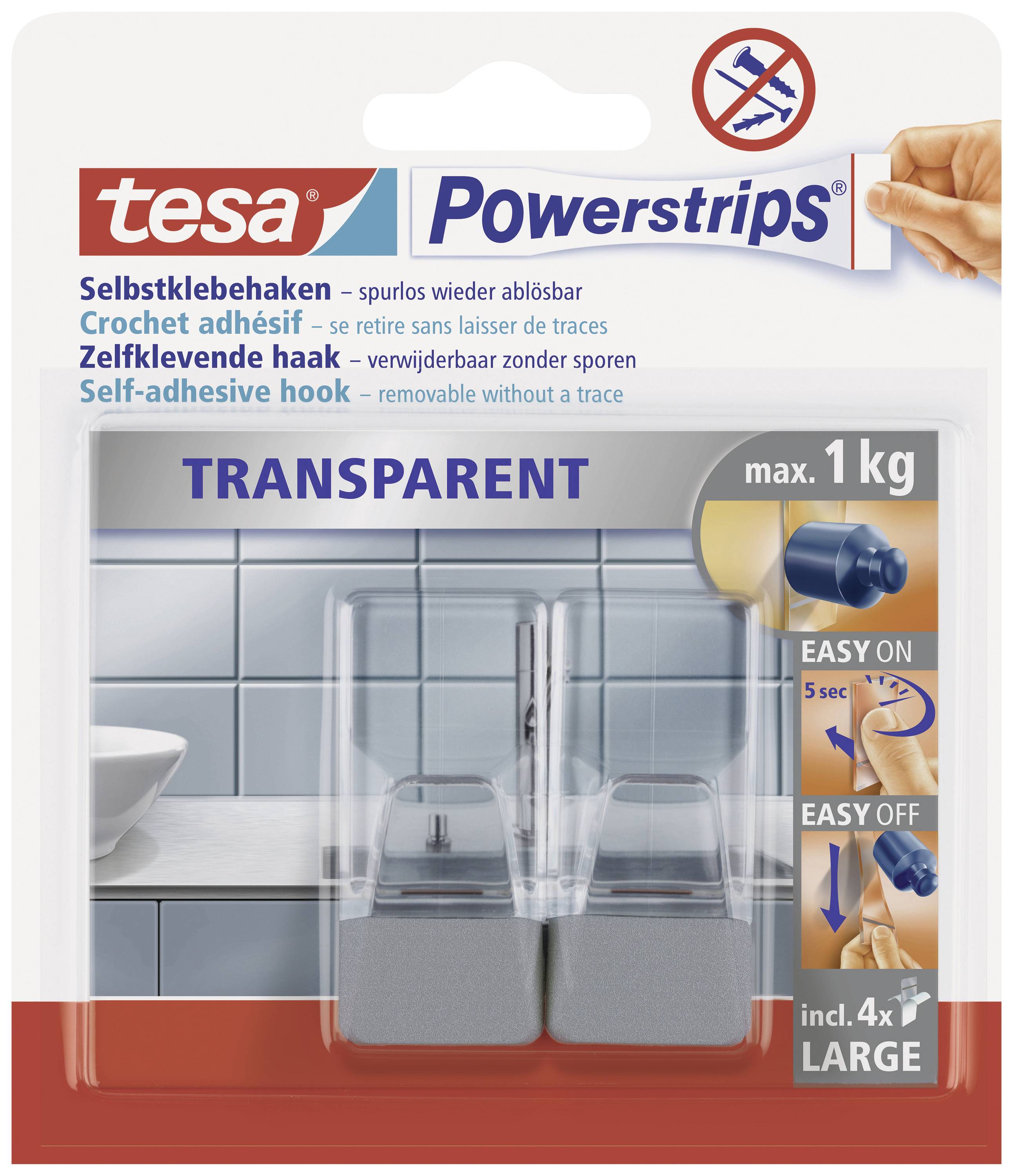 Verpackung von Tesa Powerstrips, selbstklebende und transparente Haken, max. 1 kg Tragkraft, leichtes Anbringen und Entfernen.