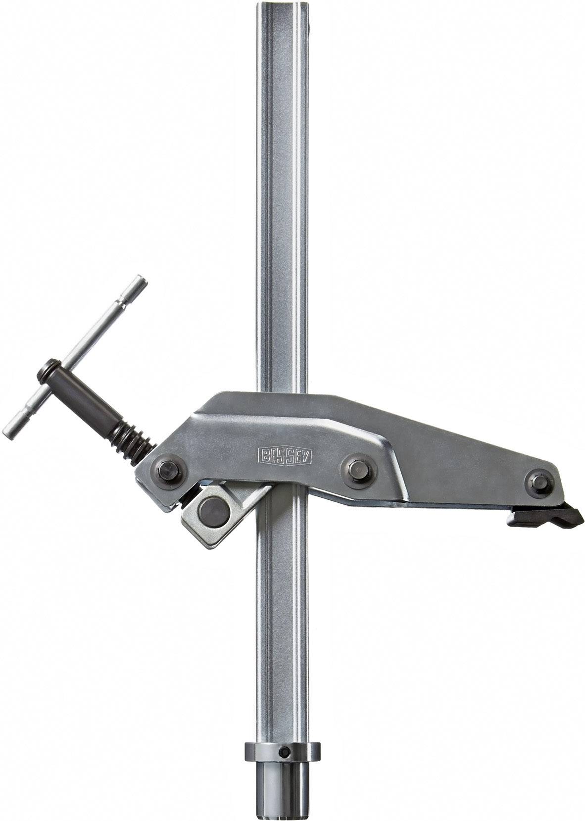 Eine silberne, metallische Schraubzwinge für Werkbankhalterungen, anpassbar und robust in der Struktur.