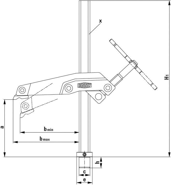 Technische Zeichnung eines Schraubzwingers mit Hebel in maximaler Position. Abmessungen b_min, b_max, a, H1 und x sind markiert.