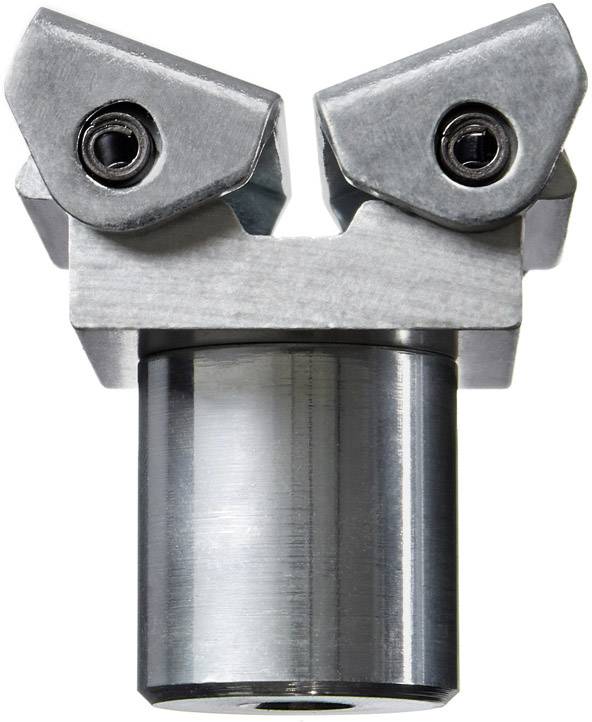 Ein metallisches Werkzeugteil mit zwei scharfen Schneidkanten und einer zylindrischen Basis, wahrscheinlich für Maschinenbearbeitung.