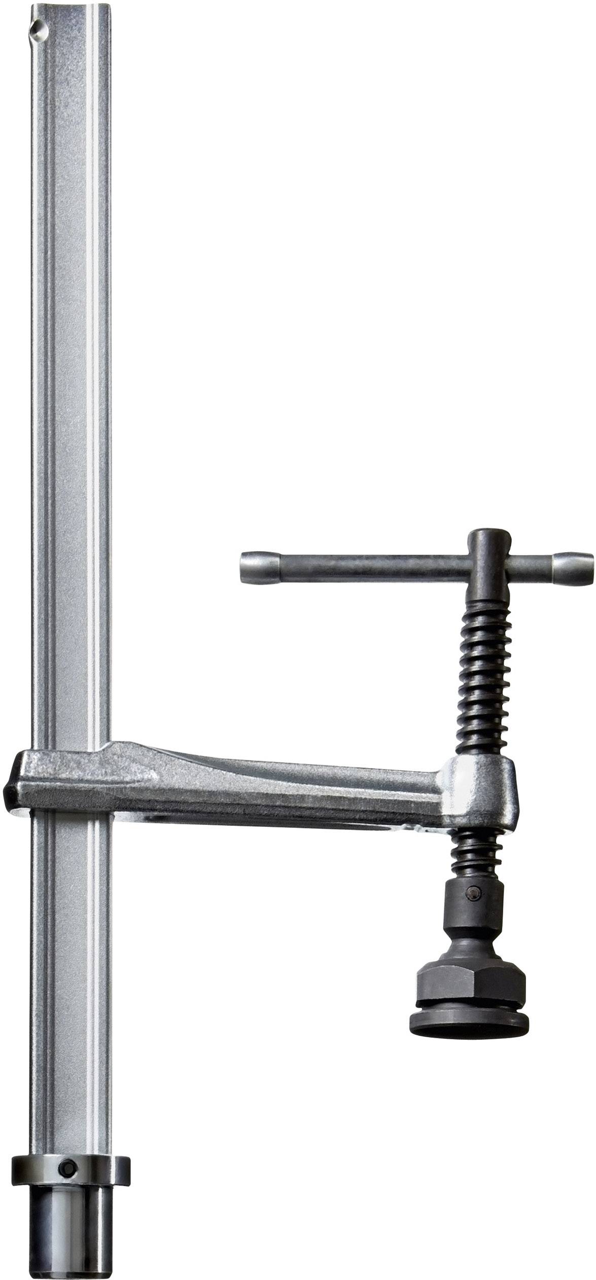 Ein Metall-Schraubzwinge mit langem Griff, geeignet zum Halten oder Klemmen von Werkstücken in Werkstätten oder bei Reparaturen.