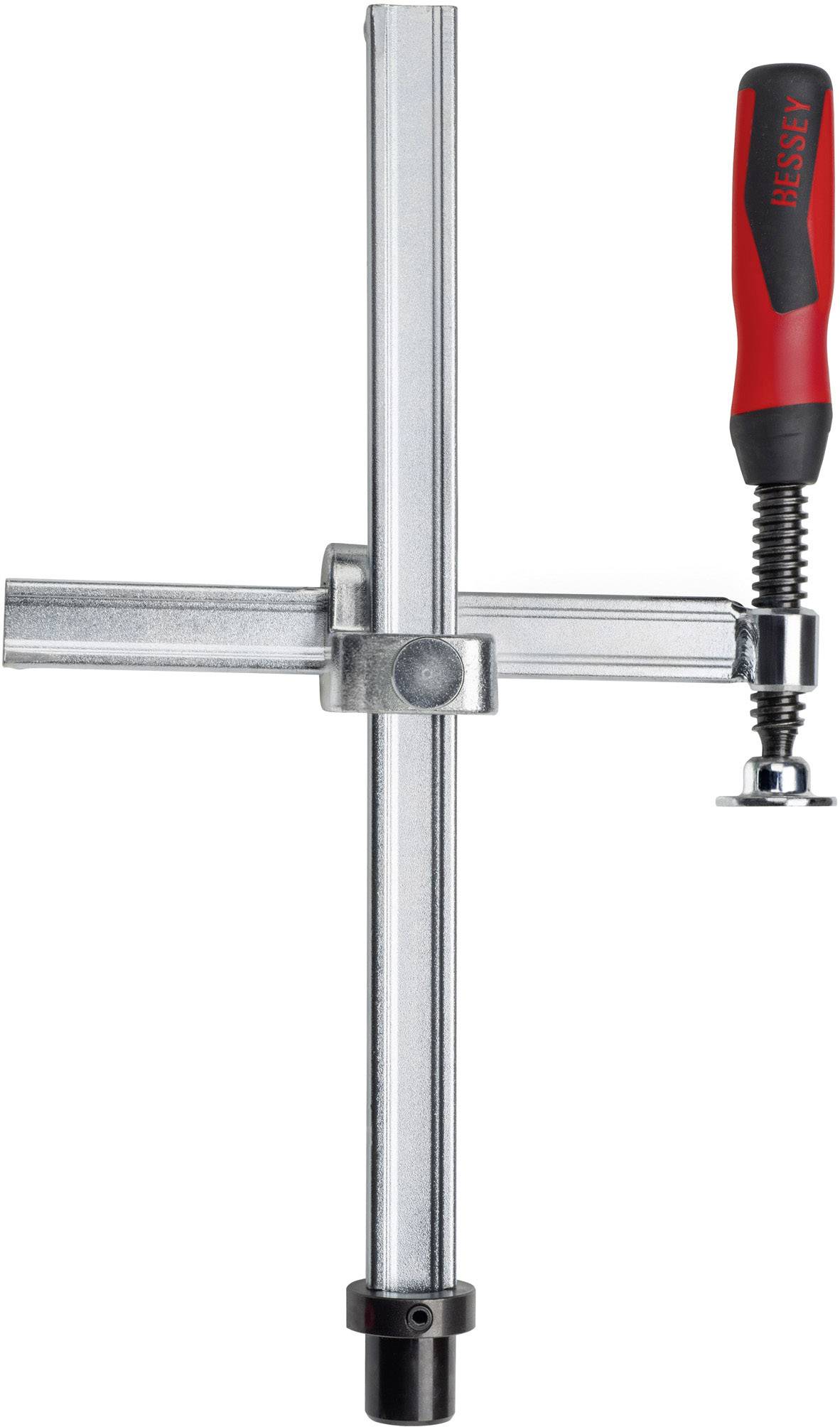 Lange Schraubzwinge mit rotem Griff, ideal zum Befestigen großer Werkstücke.