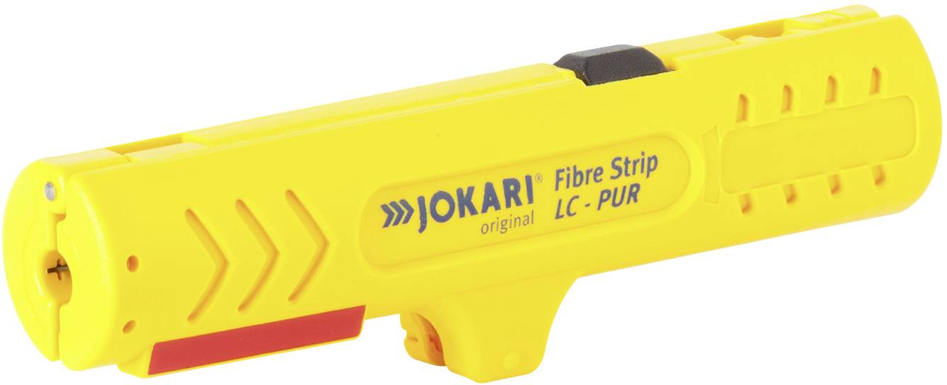 Ein gelbes Jokari Fibre Strip LC-PUR Abisolierwerkzeug zur Entfernung von Isolierungen auf Kabeln.