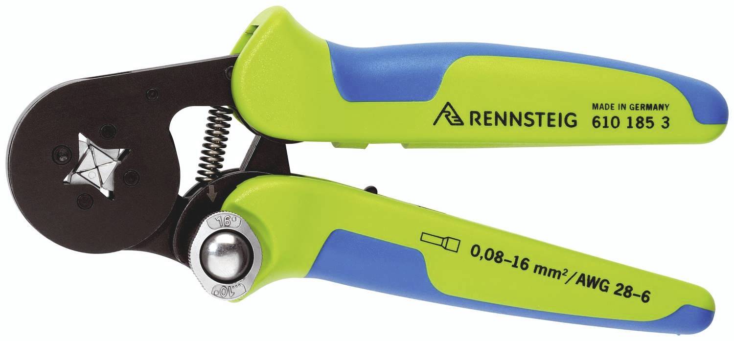 Crimpwerkzeug der Marke Rennsteig, grün-blau, geeignet für Kabelgrößen von 0,08-16 mm² oder AWG 28-6.