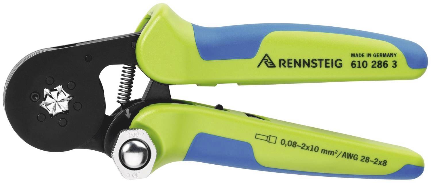 Eine grün-blaue Crimpzange von RENNSTEIG Modell 610 286 3, geeignet für 0,08–2,10 mm² Kabel, mit ergonomischen Griffen.