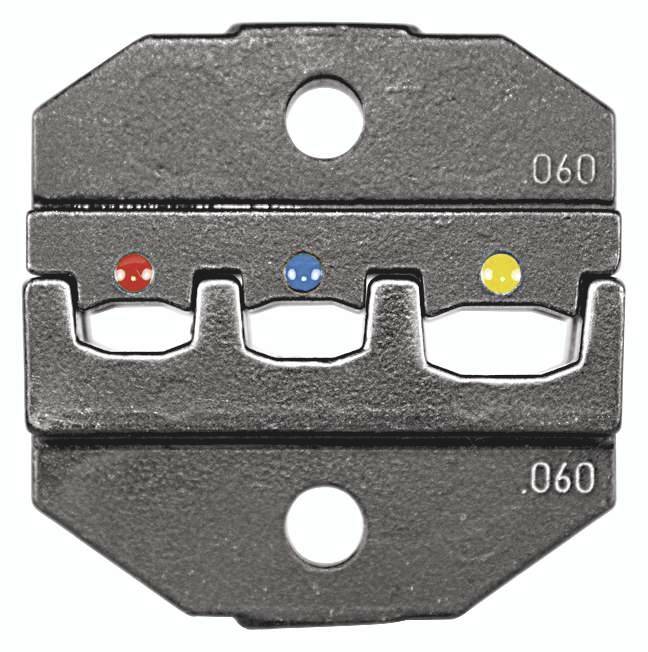 Metall-Werkzeug mit drei unterschiedlich farbigen Punkten (rot, blau, gelb) in der Mitte und zwei Löchern oben und unten.