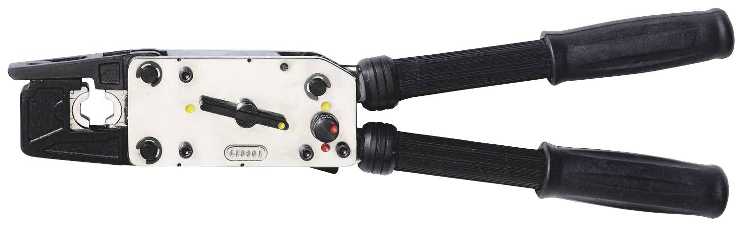 Ein manuelles Crimpwerkzeug mit schwarzen Griffen wird gezeigt. Es hat eine Metallplatte mit einem Hebel und mehreren Knöpfen.