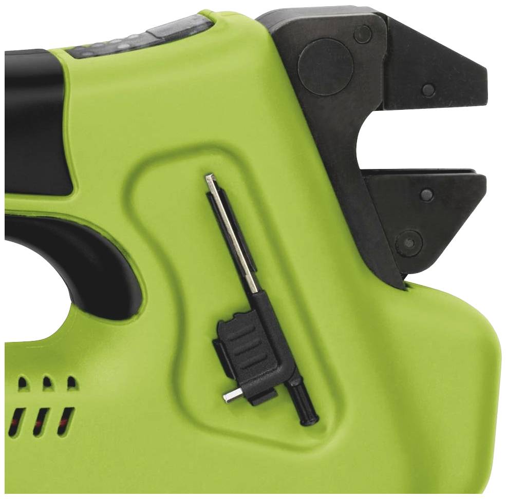 Grünes Elektrogerät mit schwarzem Griff und auswechselbarem Schneidekopf, vermutlich ein Werkzeug für schnelles Schneiden.