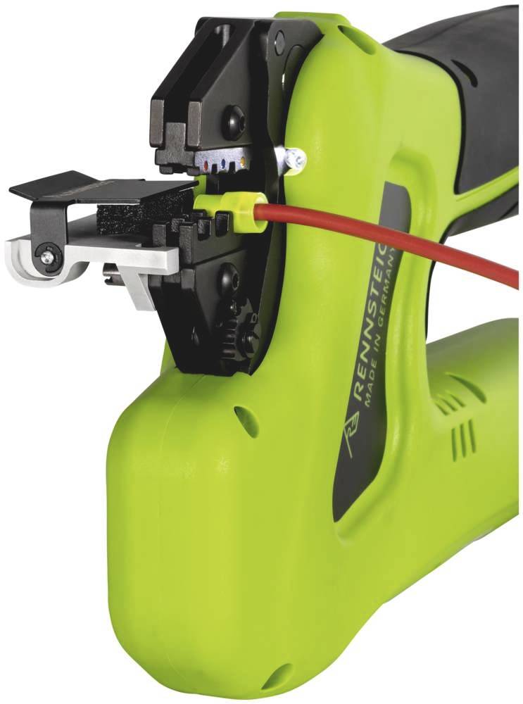 Elektrisches Werkzeug, umwickelt Kabel mit einem gelben Band. Es hat einen grünen Griff und eine schwarze Spitze für präzises Arbeiten.