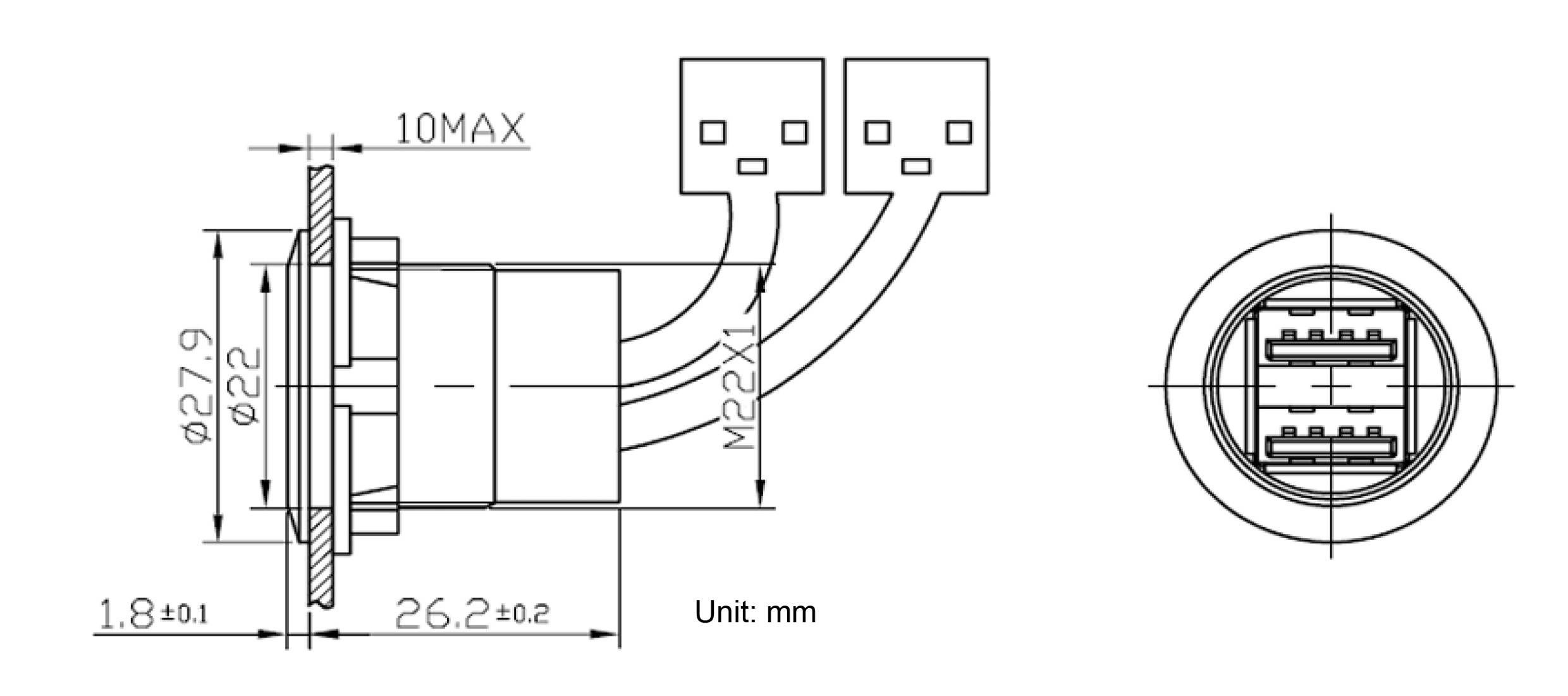 TRU Components USB-06 USB-Doppeleinbaubuchse 2.0 Buchse, Einbau 2 x USB-Buchse Typ A auf 2 x USB-Stecker Typ A mit 60cm Kabel