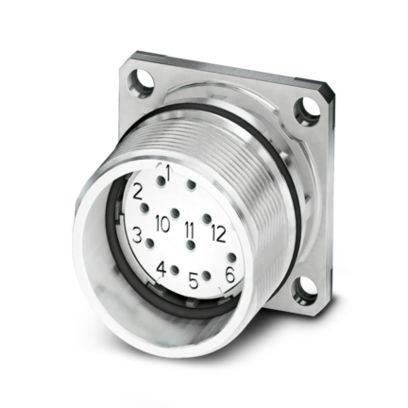 Ein runder, metallischer Stecker mit zwölf nummerierten Kontakten, eingebaut in eine quadratische Fassung mit zwei Befestigungslöchern.