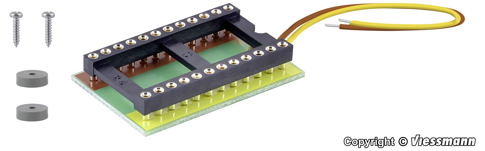 Integrierter Schaltkreis mit transparenter Abdeckung, zeigt Pins und Schaltkreise, zwei Befestigungsschrauben und zwei Gummiauflagen.