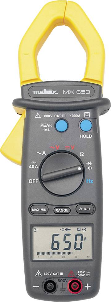 Digitales Multimeter mit gelber Stromzange. Zeigt einen Messwert von 650 auf dem Display. Tasten und Symbole zur Steuerung vorhanden.