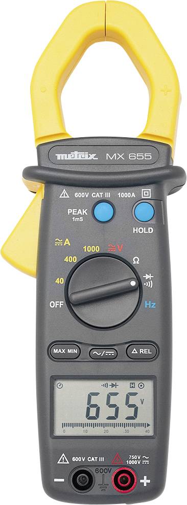 Ein digitales Zangenmultimeter in Schwarz mit gelber Zange. Es zeigt '655' auf dem Display an und bietet verschiedene Einstellungen für elektrische Messungen.