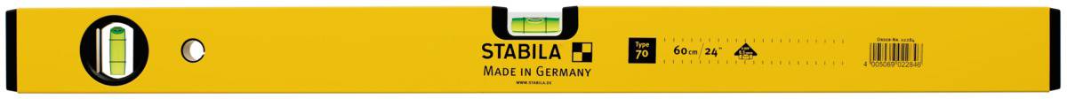 Gelbe Wasserwaage der Marke Stabila mit einer zentralen Libelle. Aufschrift: 'Stabila - Made in Germany'.