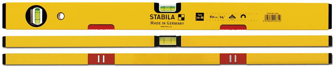 Gelbe Wasserwaage mit Markierung 'STABILA Made in Germany'. Drei Libellen für horizontale und vertikale Messungen sichtbar.
