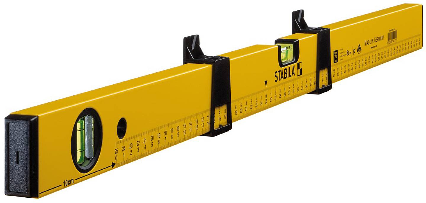 Gelbe Wasserwaage mit zwei Libellen und Maßskala, 100 cm Länge. Verwendet zur Überprüfung der Horizontal- und Vertikalebene.