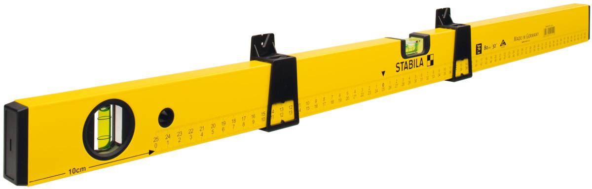 Gelbe Wasserwaage mit zwei Libellen für präzises Ausrichten, Längenmaßstreifen von 10 bis 120 cm sichtbar, Marke 'Stabila'.