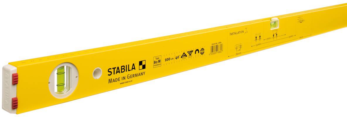 Gelbe Wasserwaage mit zwei Libellen für horizontale und vertikale Ausrichtung. 'STABILA Made in Germany' auf der Seite.