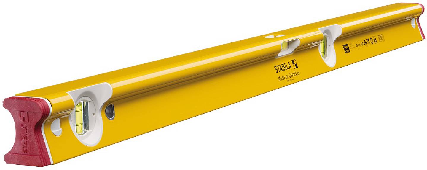 Gelbe Wasserwaage in perspektivischer Ansicht, mit zwei Libellen zum Messen der Horizontal- und Vertikallage. Perfekt für Bauarbeiten.