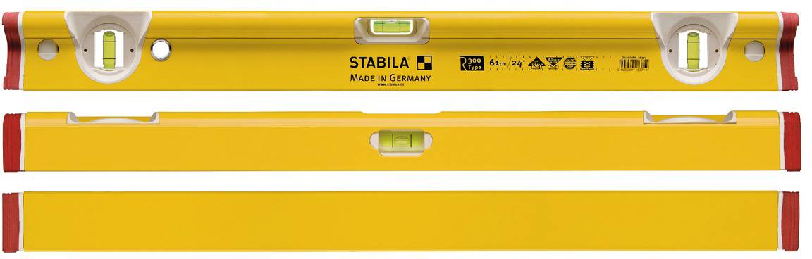 Wasserwaage aus gelbem Metall mit zwei Libellen für horizontale und vertikale Messungen. Markiert mit 'STABILA Made in Germany'.