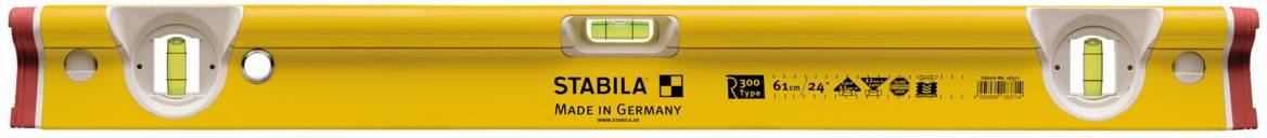 Wasserwaage mit gelbem Gehäuse, zentralem Markenzeichen und Messvorrichtung, zeigt genaue Nivellierung an. Made in Germany.