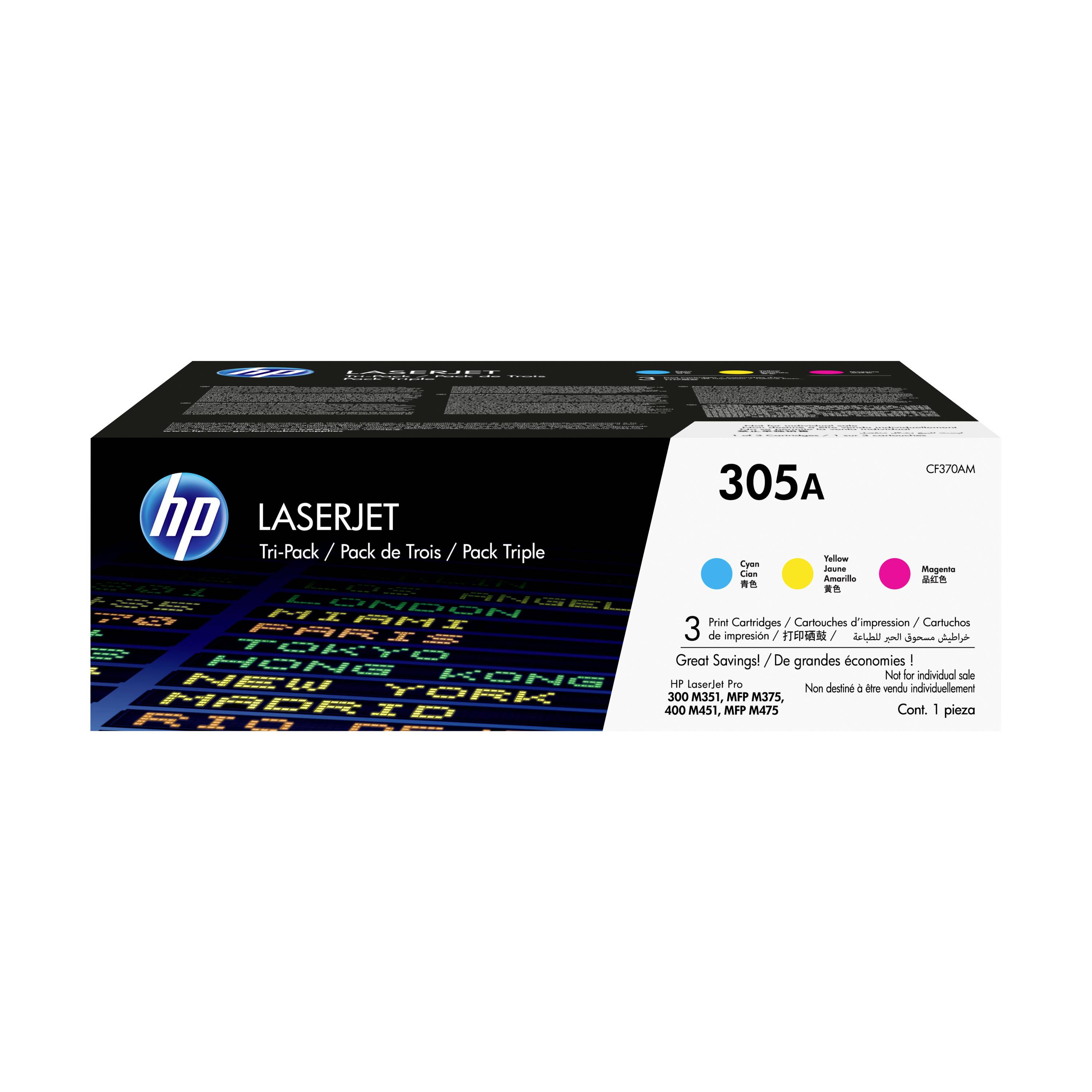 HP LaserJet 305A Dreierpack Tonerpatrone mit Cyan-, Gelb- und Magenta-Patronen für kompatible Drucker.
