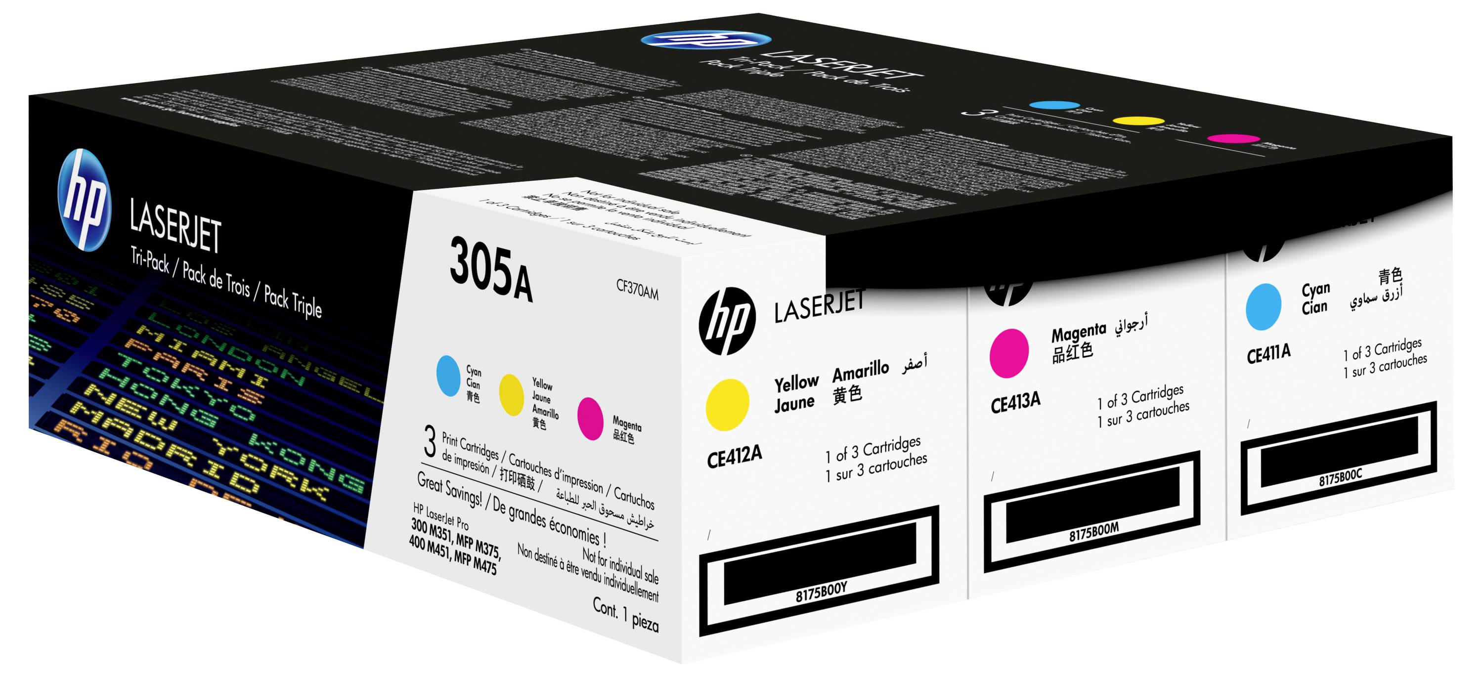 HP LaserJet 305A Toner-Kartuschen Multipack Box mit cyan, gelben, magenta und schwarzen Kartuschen für kompatible LaserJet-Drucker.