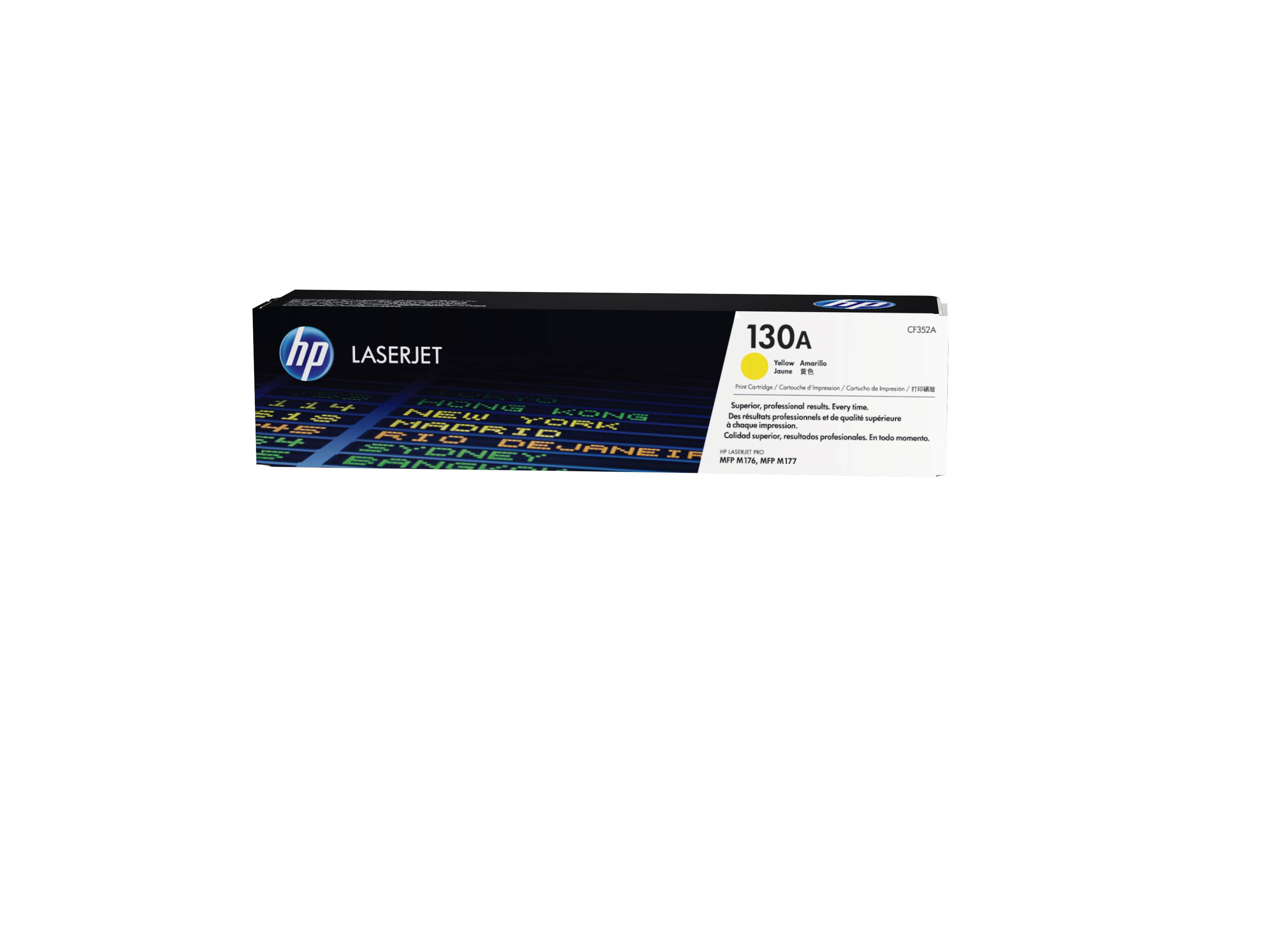 HP LaserJet 130A Gelbe Tonerpatrone Verpackungsbox mit Produktetikett und HP-Logo auf weißem Hintergrund