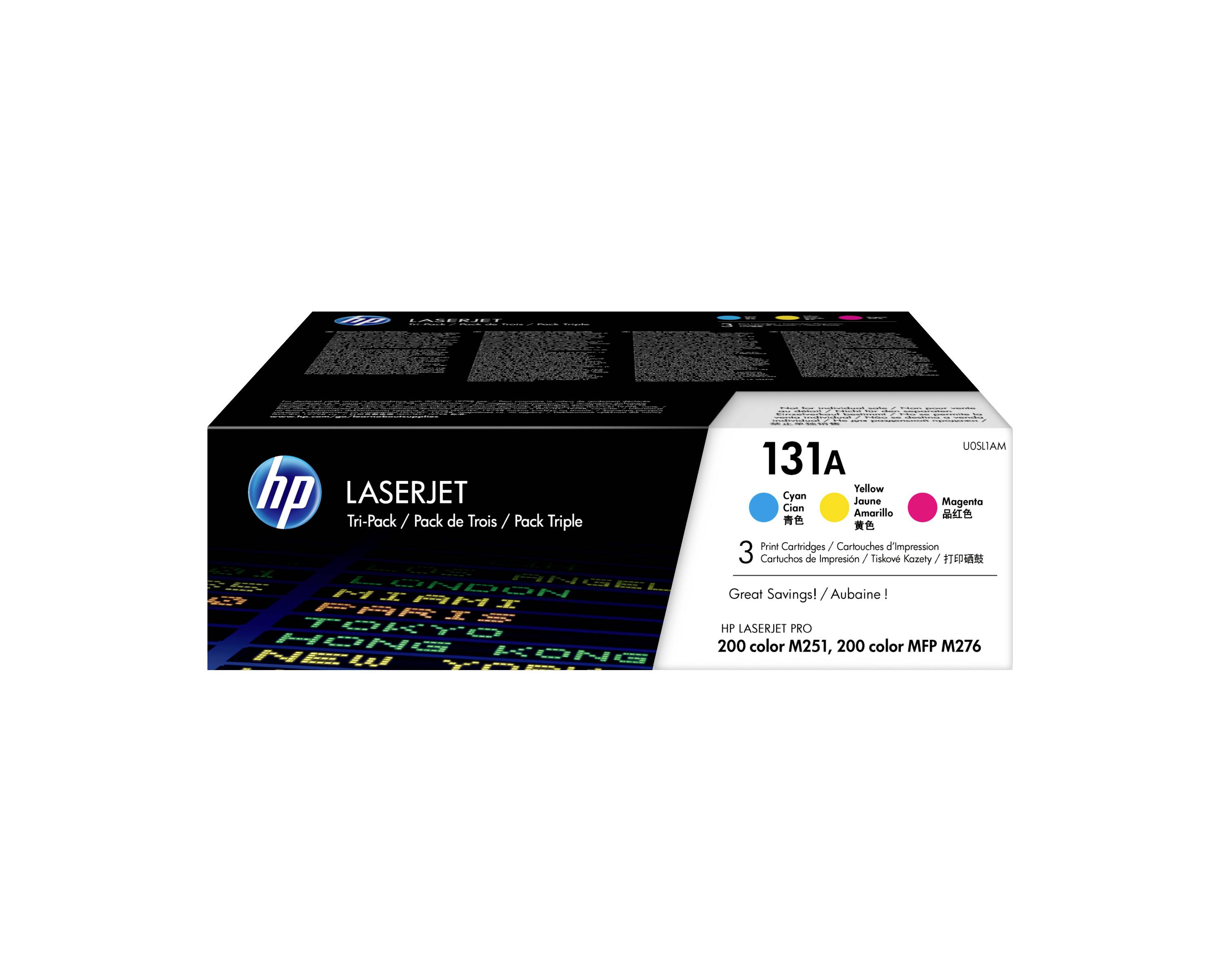 HP LaserJet 131A Tonerpatronenbox, Dreierpack mit drei Patronen, mit Farbindikatoren in Cyan, Gelb, Magenta und Schwarz.