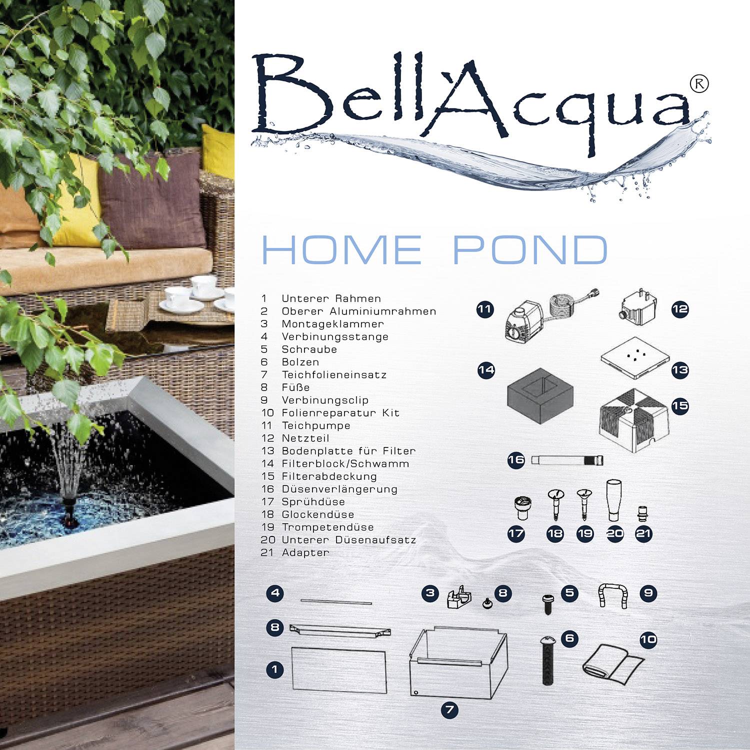 BellAcqua Broschüre über Heimteiche mit Illustrationen von Zubehörteilen. Liste nummerierter Komponenten und ihre Beschreibung.