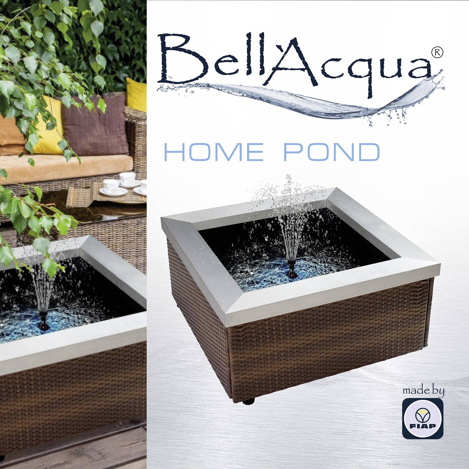 'BellAcqua Home Pond' in modernem Design aus Rattan mit integrierter Fontäne, geeignet für Terrassen oder Gartenbereiche.